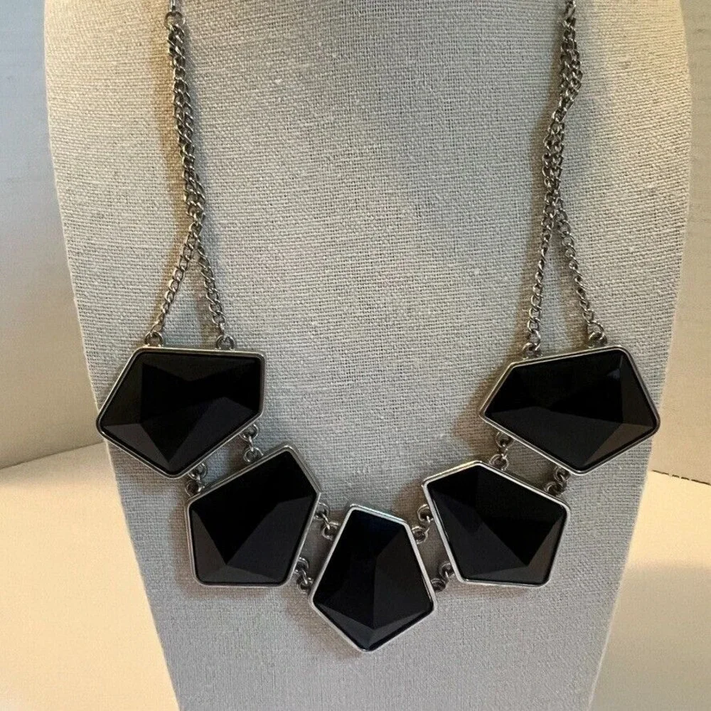 Chunky Black Geometric Statement Necklace Double Chain‎ Faceted Stones Edgy Glam